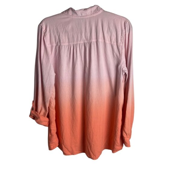 J Jill Size M Button Up Blouse Top Pink Orange Ombre Roll Tab Sleeves Linen - Picture 4 of 6
